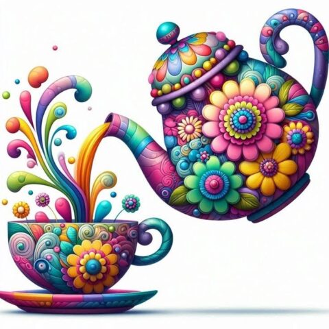 Яркий чайник, картинка для печати на доску, в детскую и кухню