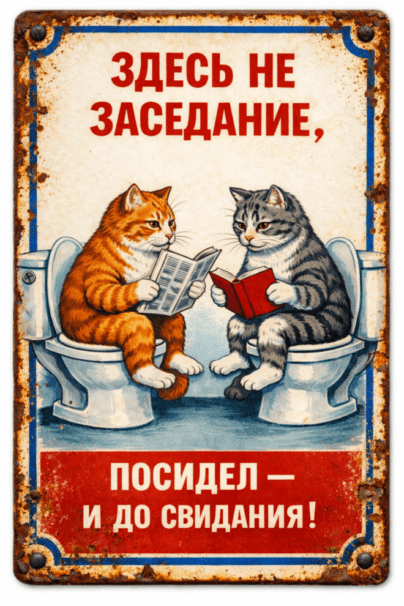 Табличка на состаренной доске 20×30 см с изображением двух котов, сидящих на унитазах и читающих книги. Надпись: «Здесь не заседание! Посидел и до свидания». Винтажный стиль, мультяшный юмор