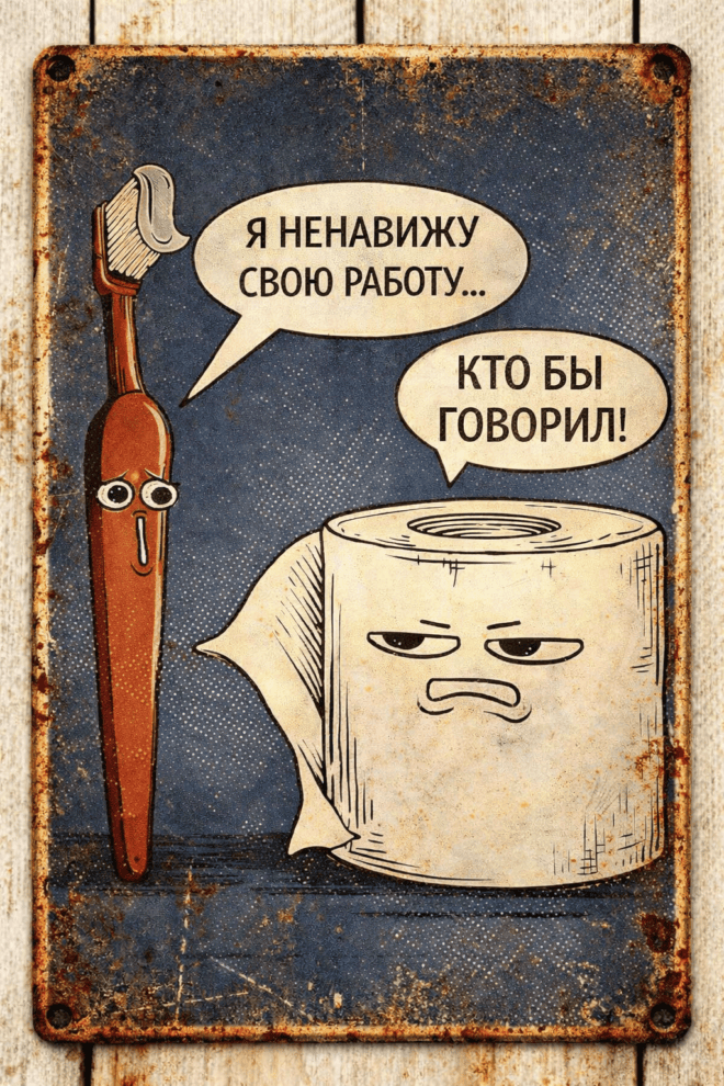 Юмористическая табличка на состаренной доске 20×29 см с мультяшными персонажами в стиле 50-х: зубная щетка жалуется «Я ненавижу свою работу», рулон туалетной бумаги отвечает «Кто бы говорил», винтажные винты и эффект ржавчины