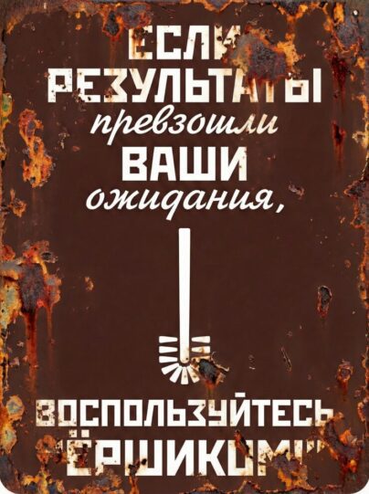 Юмористическая табличка на состаренной доске 20×29 см с надписью «Если результаты превзошли ваши ожидания, воспользуйтесь ёршиками», грязный коричневый фон, изображение ёршика, ржавчина по краям, винтажные винты