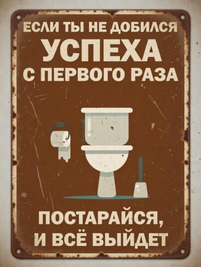 Юмористическая табличка на состаренной доске 20×29 см с изображением унитаза, ёршика и рулона туалетной бумаги, коричневая надпись «Если ты не добился успеха с первого раза, постарайся и всё выйдет», винтажные винты и эффект ржавчины