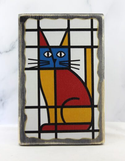 Картина «Кот 056 Мондриана» | Состаренная доска 14,5×22×1,8 см