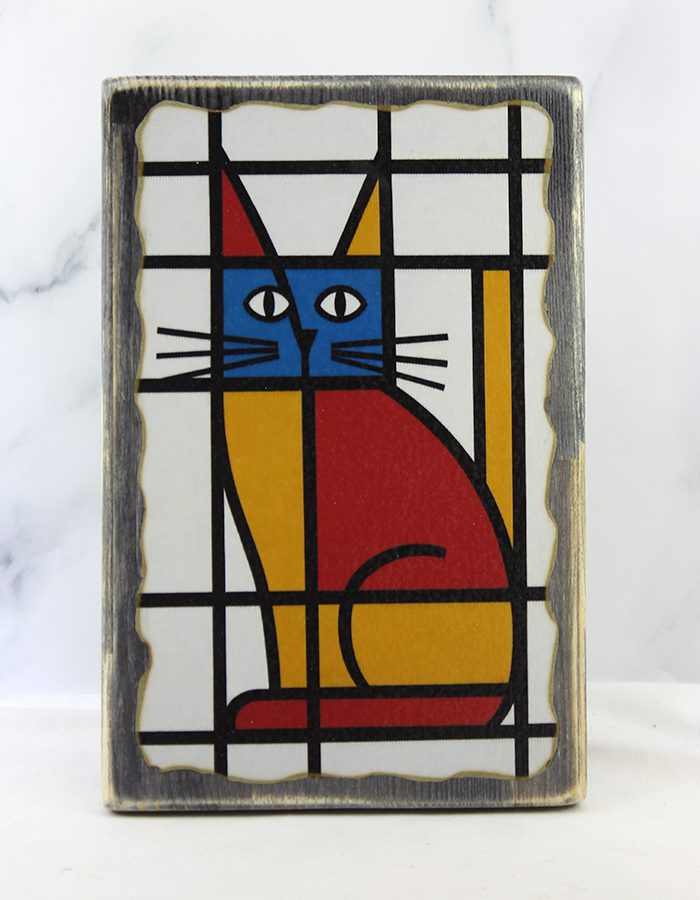 Картина «Кот 056 Мондриана» | Состаренная доска 14,5×22×1,8 см