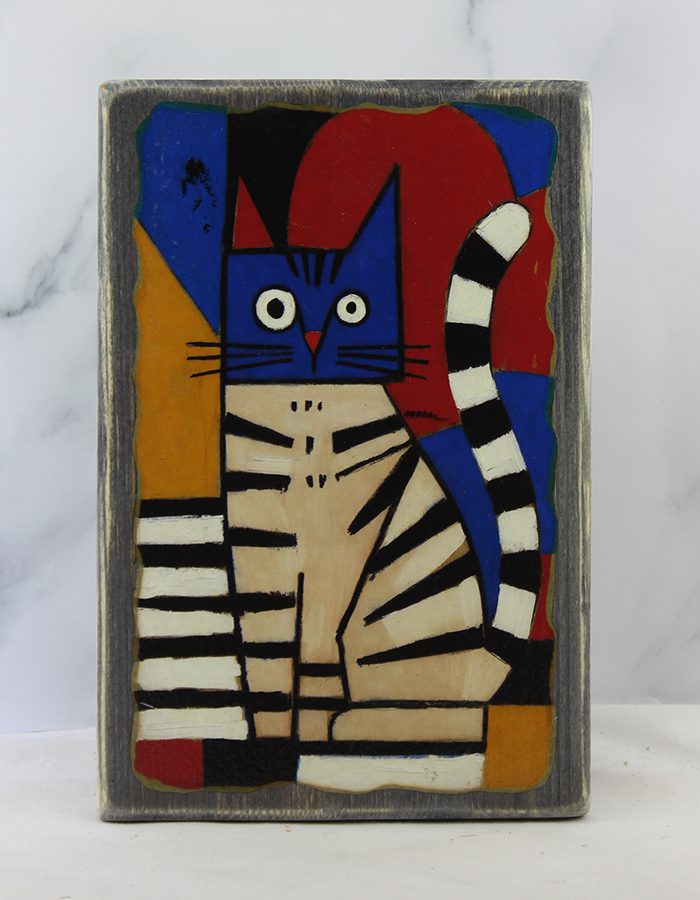 Картина «Кот 026 в стиле Пауля Клее» | Состаренная доска 14,5×22 см