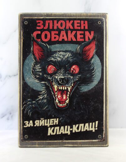 Чёрная разъяренная собака с красными глазами и пастью, надпись «Злюкен собакен! За яйцен клац-клац» – демотиватор на состаренной доске 20×30 см