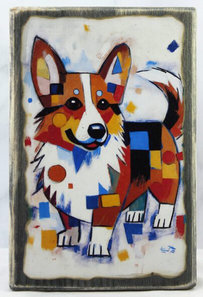 Картина «Собака Корги 0848 (Клее)» – состаренная доска 14,5×22 см