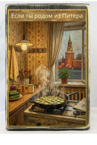 Табличка на состаренной доске «Если ты родом из Питера» — петербуржец в Москве жарит огурцы на сковороде вместо корюшки, за окном Кремль