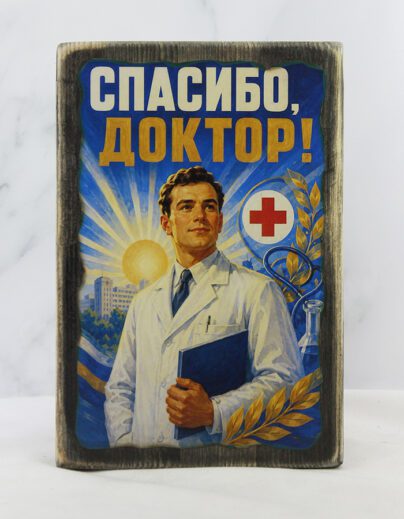 Табличка «Спасибо доктор» с изображением молодого врача с книгой в руках, лавровыми ветками, солнцем и жилым домом на состаренной доске