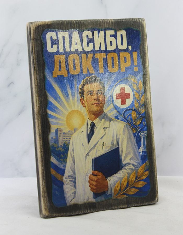 Табличка «Спасибо доктор» с изображением молодого врача с книгой