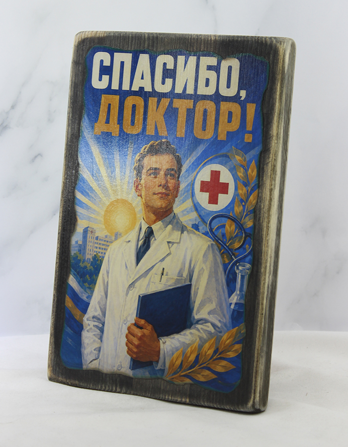 Табличка «Спасибо доктор» с изображением молодого врача с книгой
